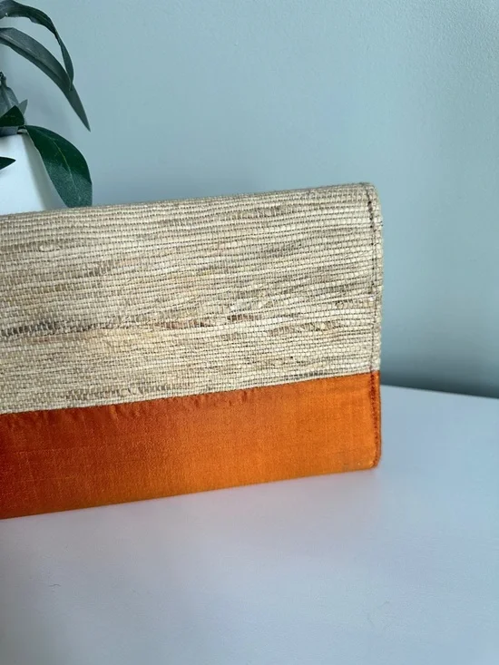 Handmade Vintage Woven Straw Coastal Clutch Orange Silk Boho Beach Resort Bag - Picture 8 of 10